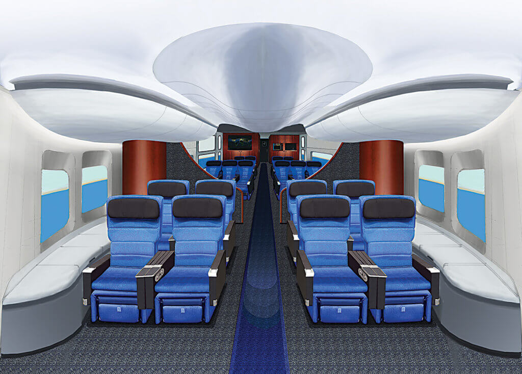 The LMH-1 passenger seating layout features 19 seats with galley and lavatory.