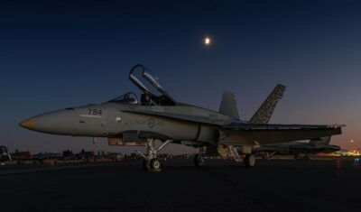 The 2022 CF-18 Demonstration Team jet on the Abbotsford Air Show hot ramp after the Twilight demonstration. Tagged on Instagram by @hazers_flightline
