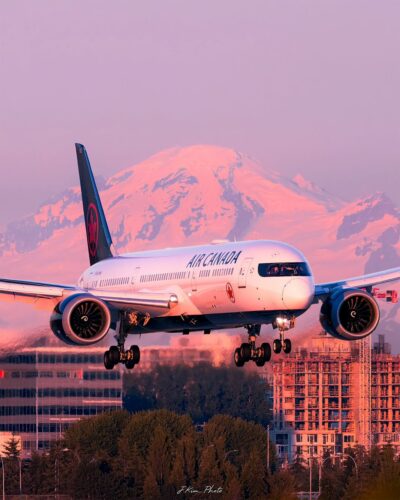 An Air Canada 787 Dreamliner at "pink hour" in Vancouver, B.C. Tagged on Instagram by @jakobkphoto
