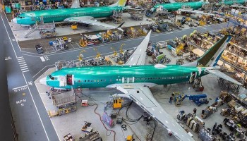 Here, Boeing’s MAX 7, MAX 8 and MAX 9 aircraft are shown in production at Boeing’s Renton, Wash., factory. Boeing Photo