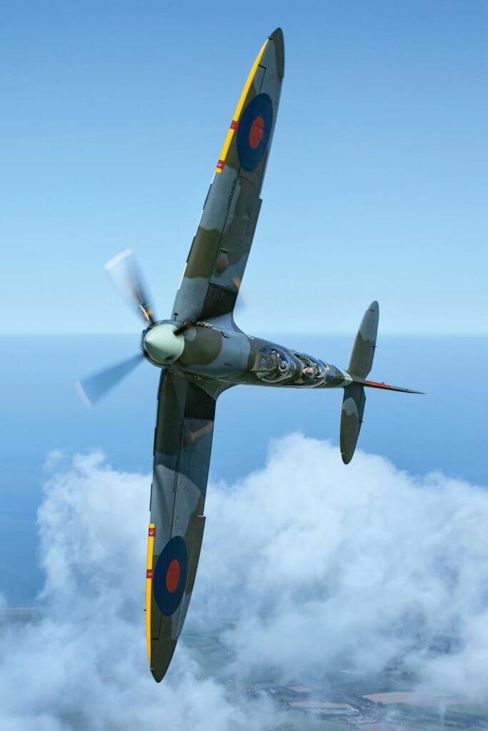 MJ627 barrels in on the camera ship. Experience flights in this aircraft are offered from the famous former Fighter Command airfield of Biggin Hill in Kent.