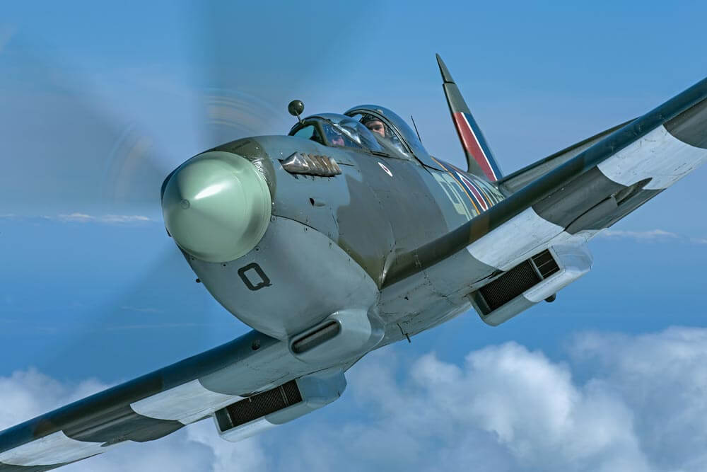 Richard Verrall pilots MJ627 in the skies over Kent. As a single-seat Mk IX, this machine claimed a 109G destroyed over Arnhem in Sept 1944.